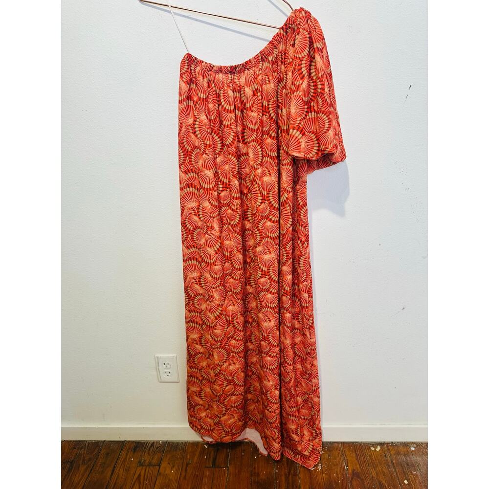 LOBOROSA Red Beige Shell Print One Shoulder Valeria Maxi Dress Size Small - Picture 4 of 11